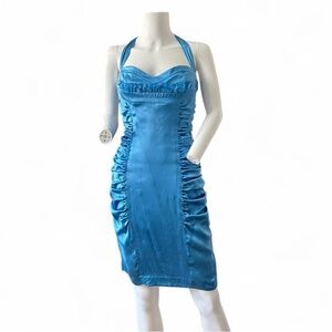 Betsey Johnson Blue One-Shoulder Satin Ruched Sheath Dress
